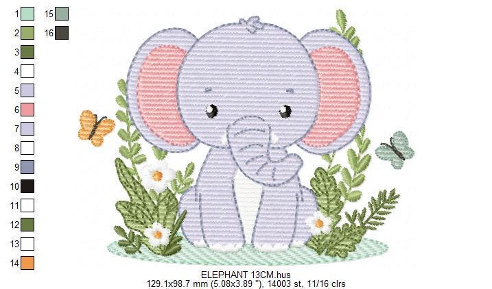 Elephant embroidery designs - Safari Wild Animal machine embroidery pattern - Baby Boy file - Flowers, plants, butterfly - Instant download