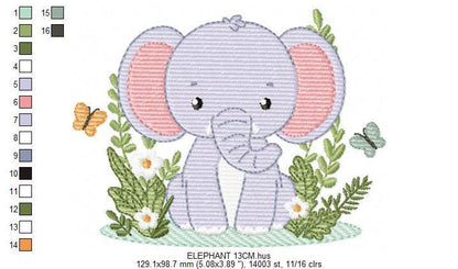 Elephant embroidery designs - Safari Wild Animal machine embroidery pattern - Baby Boy file - Flowers, plants, butterfly - Instant download
