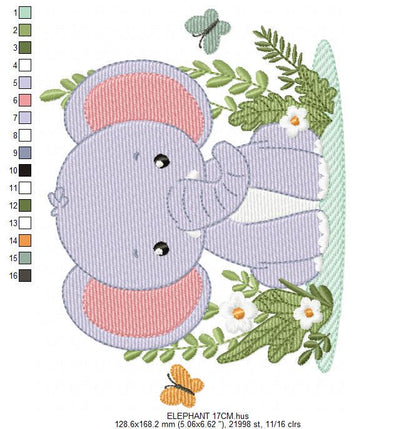 Elephant embroidery designs - Safari Wild Animal machine embroidery pattern - Baby Boy file - Flowers, plants, butterfly - Instant download