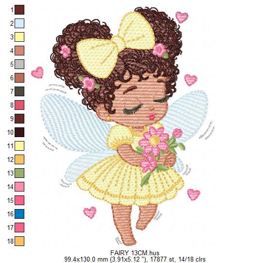 Fairy with wings embroidery designs - Angel with black curly hair machine embroidery pattern - Baby Girl Pixie - Instant download pes jef