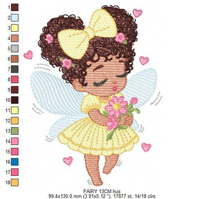 Fairy with wings embroidery designs - Angel with black curly hair machine embroidery pattern - Baby Girl Pixie - Instant download pes jef
