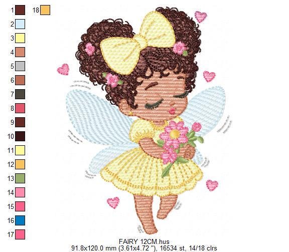Fairy with wings embroidery designs - Angel with black curly hair machine embroidery pattern - Baby Girl Pixie - Instant download pes jef