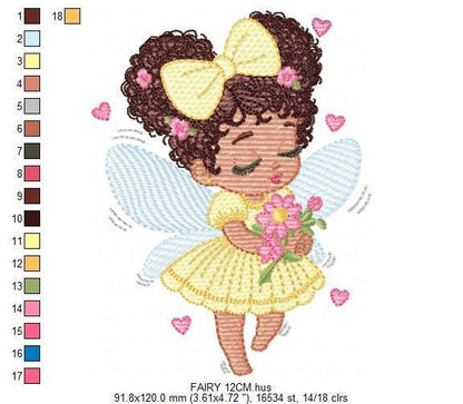 Fairy with wings embroidery designs - Angel with black curly hair machine embroidery pattern - Baby Girl Pixie - Instant download pes jef
