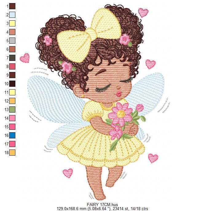 Fairy with wings embroidery designs - Angel with black curly hair machine embroidery pattern - Baby Girl Pixie - Instant download pes jef