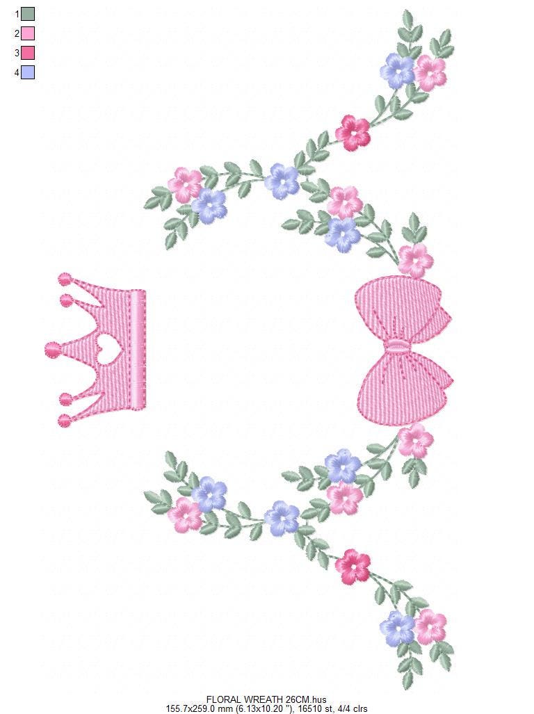 Roses laurel with Crown and bow embroidery designs - Flower Wreath with lace pattern - Newborn monogram file - Instant download pes jef dst