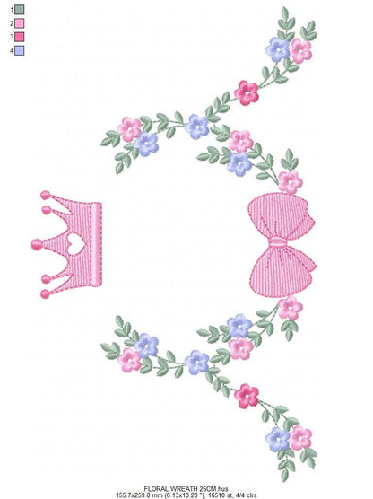 Roses laurel with Crown and bow embroidery designs - Flower Wreath with lace pattern - Newborn monogram file - Instant download pes jef dst