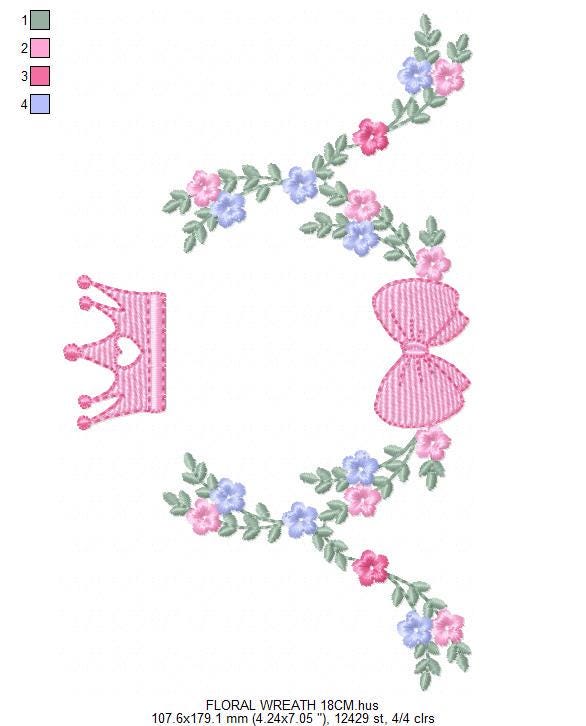 Roses laurel with Crown and bow embroidery designs - Flower Wreath with lace pattern - Newborn monogram file - Instant download pes jef dst