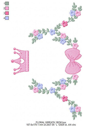 Roses laurel with Crown and bow embroidery designs - Flower Wreath with lace pattern - Newborn monogram file - Instant download pes jef dst