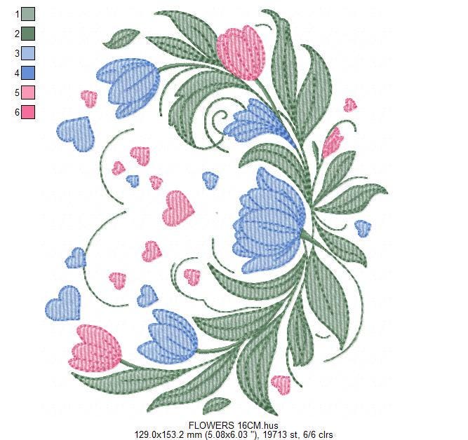 Flowers and hearts embroidery designs - Tulips Kitchen Towel machine embroidery pattern - Roses laurel Wreath - Instant download pes jef dst