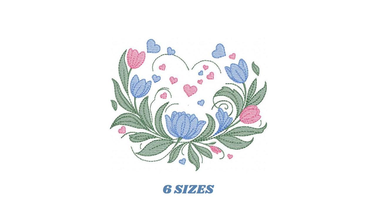 Flowers and hearts embroidery designs - Tulips Kitchen Towel machine embroidery pattern - Roses laurel Wreath - Instant download pes jef dst