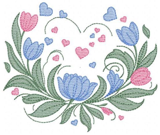 Flowers and hearts embroidery designs - Tulips Kitchen Towel machine embroidery pattern - Roses laurel Wreath - Instant download pes jef dst