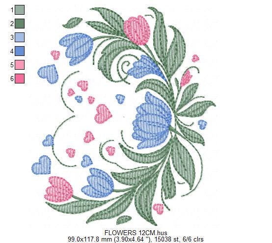 Flowers and hearts embroidery designs - Tulips Kitchen Towel machine embroidery pattern - Roses laurel Wreath - Instant download pes jef dst
