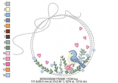 Bird with flower frame embroidery designs - Birds frame with hearts embroidery pattern - Floral tag file - Instant download pes jef dst hus