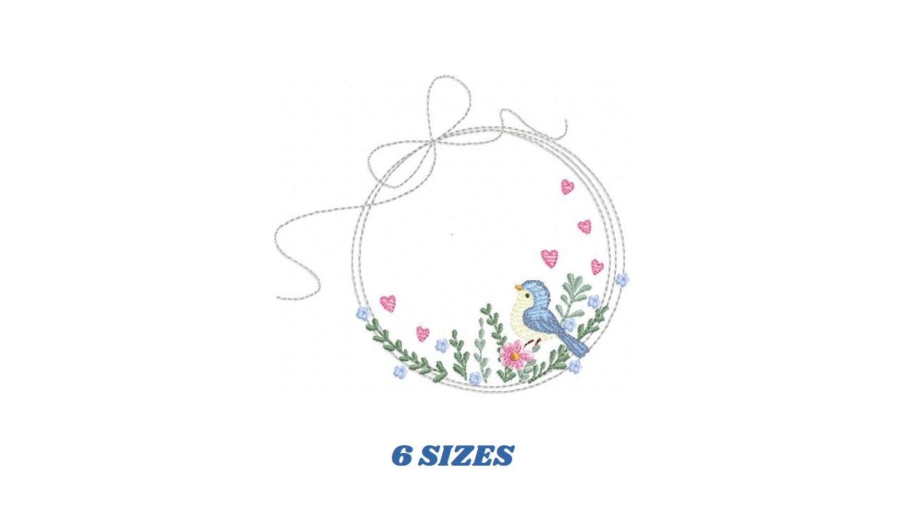 Bird with flower frame embroidery designs - Birds frame with hearts embroidery pattern - Floral tag file - Instant download pes jef dst hus