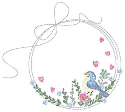 Bird with flower frame embroidery designs - Birds frame with hearts embroidery pattern - Floral tag file - Instant download pes jef dst hus