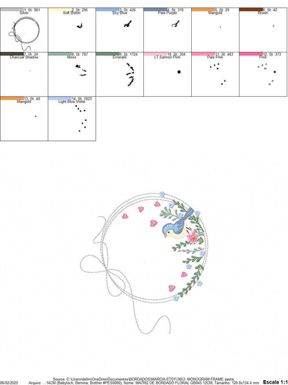 Bird with flower frame embroidery designs - Birds frame with hearts embroidery pattern - Floral tag file - Instant download pes jef dst hus