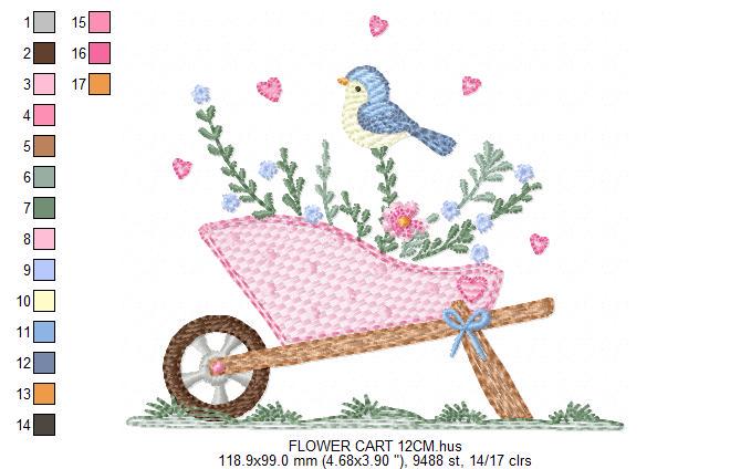 Flower cart with hearts embroidery designs - Bird with Flowercart machine embroidery pattern - Spring Garden file - Instant download pes jef