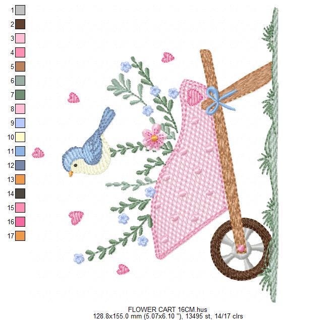 Flower cart with hearts embroidery designs - Bird with Flowercart machine embroidery pattern - Spring Garden file - Instant download pes jef