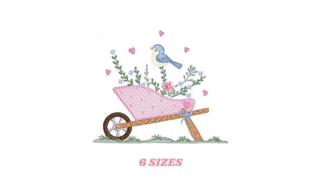 Flower cart with hearts embroidery designs - Bird with Flowercart machine embroidery pattern - Spring Garden file - Instant download pes jef