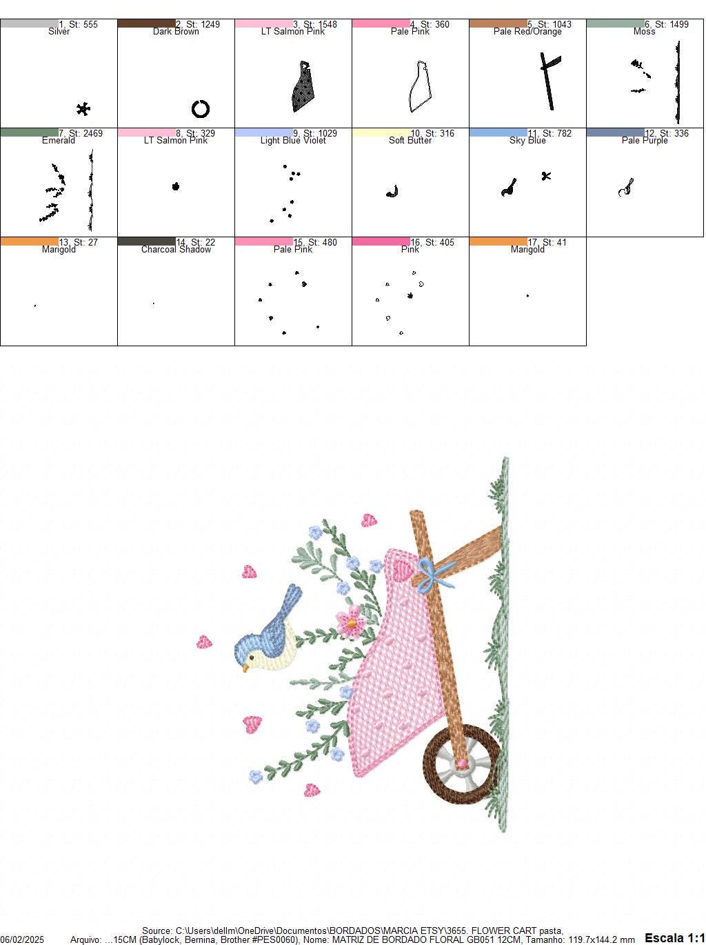 Flower cart with hearts embroidery designs - Bird with Flowercart machine embroidery pattern - Spring Garden file - Instant download pes jef