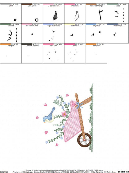 Flower cart with hearts embroidery designs - Bird with Flowercart machine embroidery pattern - Spring Garden file - Instant download pes jef