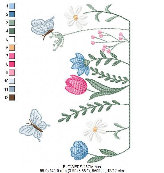 Flower garden embroidery design - Tulip flowers with butterflies machine embroidery pattern - Kitchen Tea towel divider - Instant download