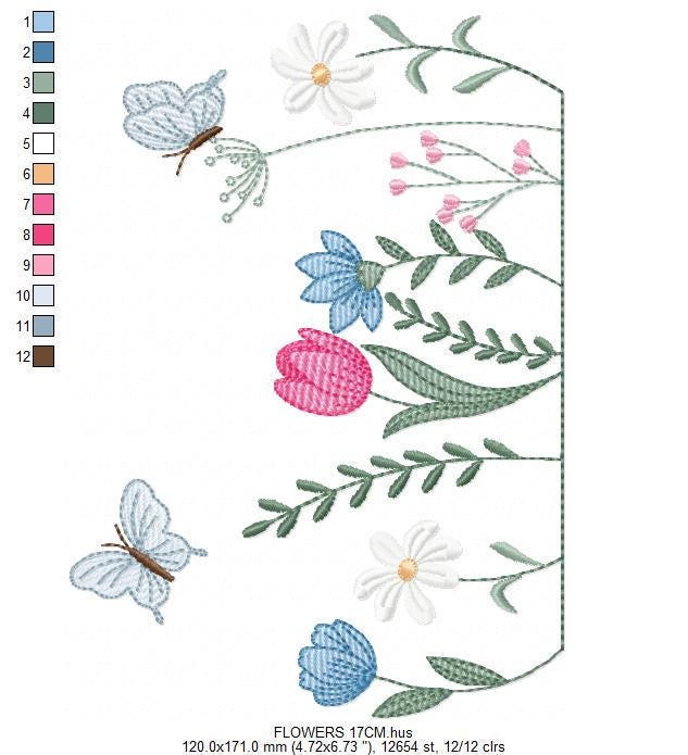 Flower garden embroidery design - Tulip flowers with butterflies machine embroidery pattern - Kitchen Tea towel divider - Instant download