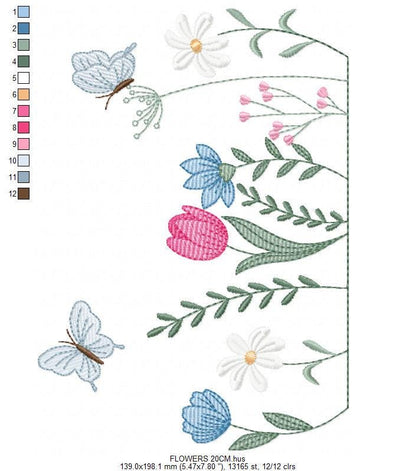 Flower garden embroidery design - Tulip flowers with butterflies machine embroidery pattern - Kitchen Tea towel divider - Instant download