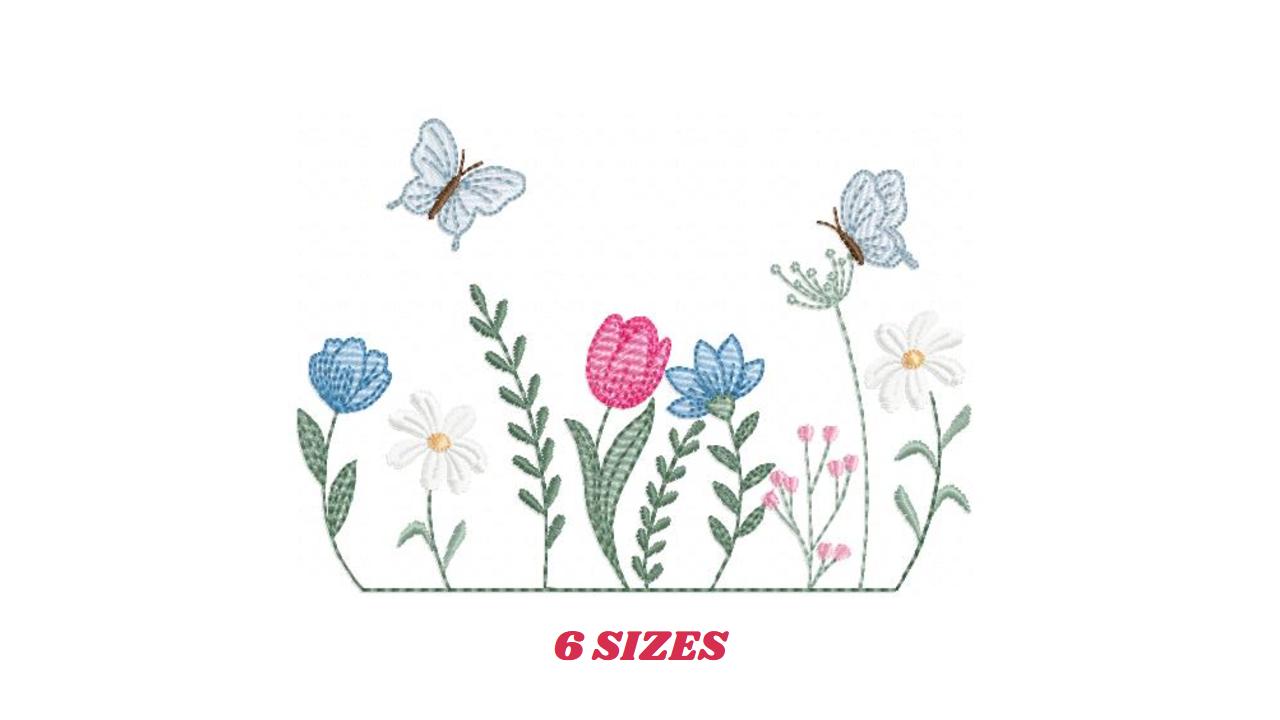 Flower garden embroidery design - Tulip flowers with butterflies machine embroidery pattern - Kitchen Tea towel divider - Instant download