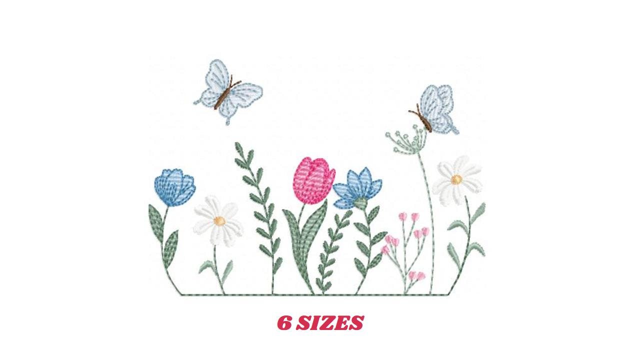 Flower garden embroidery design - Tulip flowers with butterflies machine embroidery pattern - Kitchen Tea towel divider - Instant download