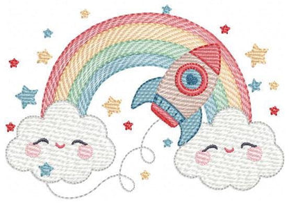 Space Rocket with stars and rainbow embroidery designs - Rocket machine embroidery pattern - Moon and planet file - Instant download pes jef