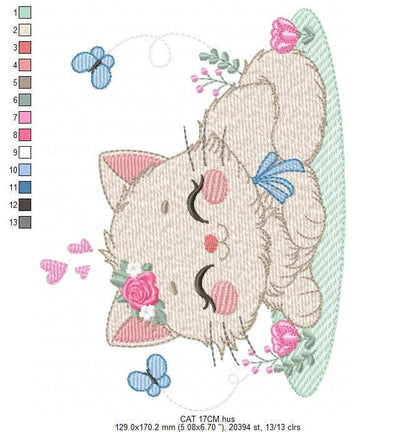 Sleeping Cat with flowers embroidery design - Kitty with butterflies machine embroidery pattern - Pet Baby girl file - Instant download pes