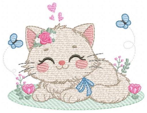 Sleeping Cat with flowers embroidery design - Kitty with butterflies machine embroidery pattern - Pet Baby girl file - Instant download pes