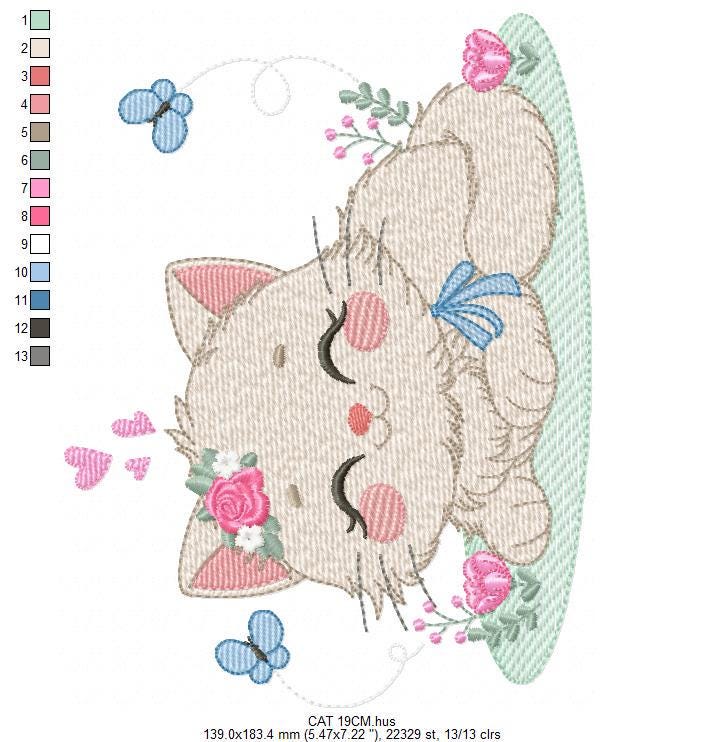 Sleeping Cat with flowers embroidery design - Kitty with butterflies machine embroidery pattern - Pet Baby girl file - Instant download pes