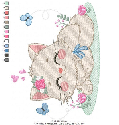 Sleeping Cat with flowers embroidery design - Kitty with butterflies machine embroidery pattern - Pet Baby girl file - Instant download pes