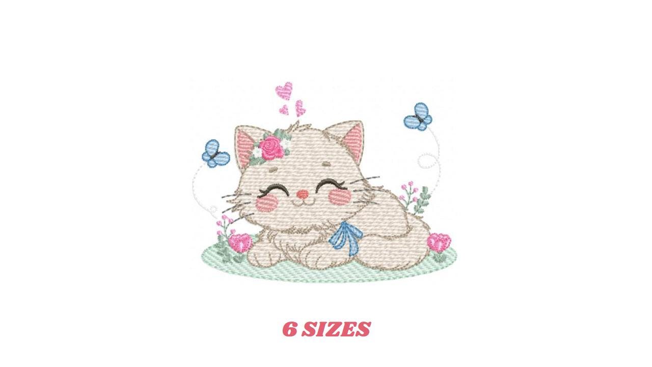Sleeping Cat with flowers embroidery design - Kitty with butterflies machine embroidery pattern - Pet Baby girl file - Instant download pes