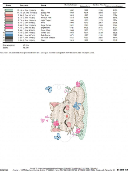 Sleeping Cat with flowers embroidery design - Kitty with butterflies machine embroidery pattern - Pet Baby girl file - Instant download pes
