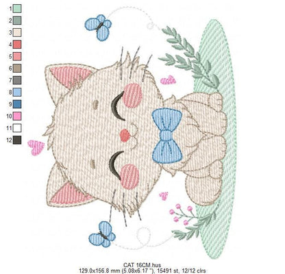 Cat with bow tie embroidery design - Male Kitty with butterflies machine embroidery pattern - Baby boy file - Instant download pes jef dst
