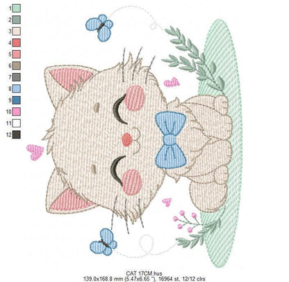 Cat with bow tie embroidery design - Male Kitty with butterflies machine embroidery pattern - Baby boy file - Instant download pes jef dst