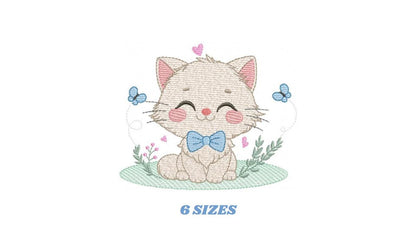 Cat with bow tie embroidery design - Male Kitty with butterflies machine embroidery pattern - Baby boy file - Instant download pes jef dst