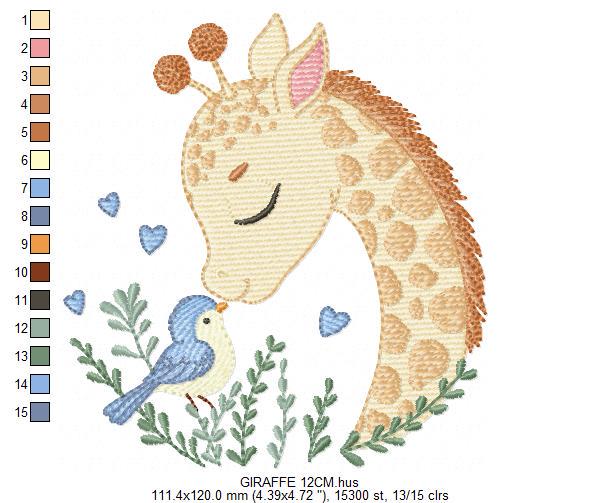 Giraffe embroidery design - Safari wild Animal machine embroidery pattern - Baby boy file - Giraffe with bird and hearts - Instant download