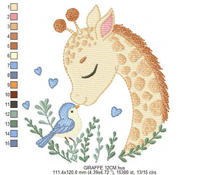 Giraffe embroidery design - Safari wild Animal machine embroidery pattern - Baby boy file - Giraffe with bird and hearts - Instant download