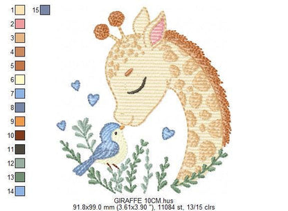 Giraffe embroidery design - Safari wild Animal machine embroidery pattern - Baby boy file - Giraffe with bird and hearts - Instant download