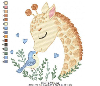 Giraffe embroidery design - Safari wild Animal machine embroidery pattern - Baby boy file - Giraffe with bird and hearts - Instant download