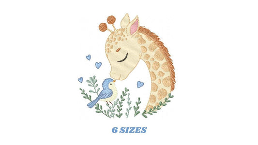 Giraffe embroidery design - Safari wild Animal machine embroidery pattern - Baby boy file - Giraffe with bird and hearts - Instant download