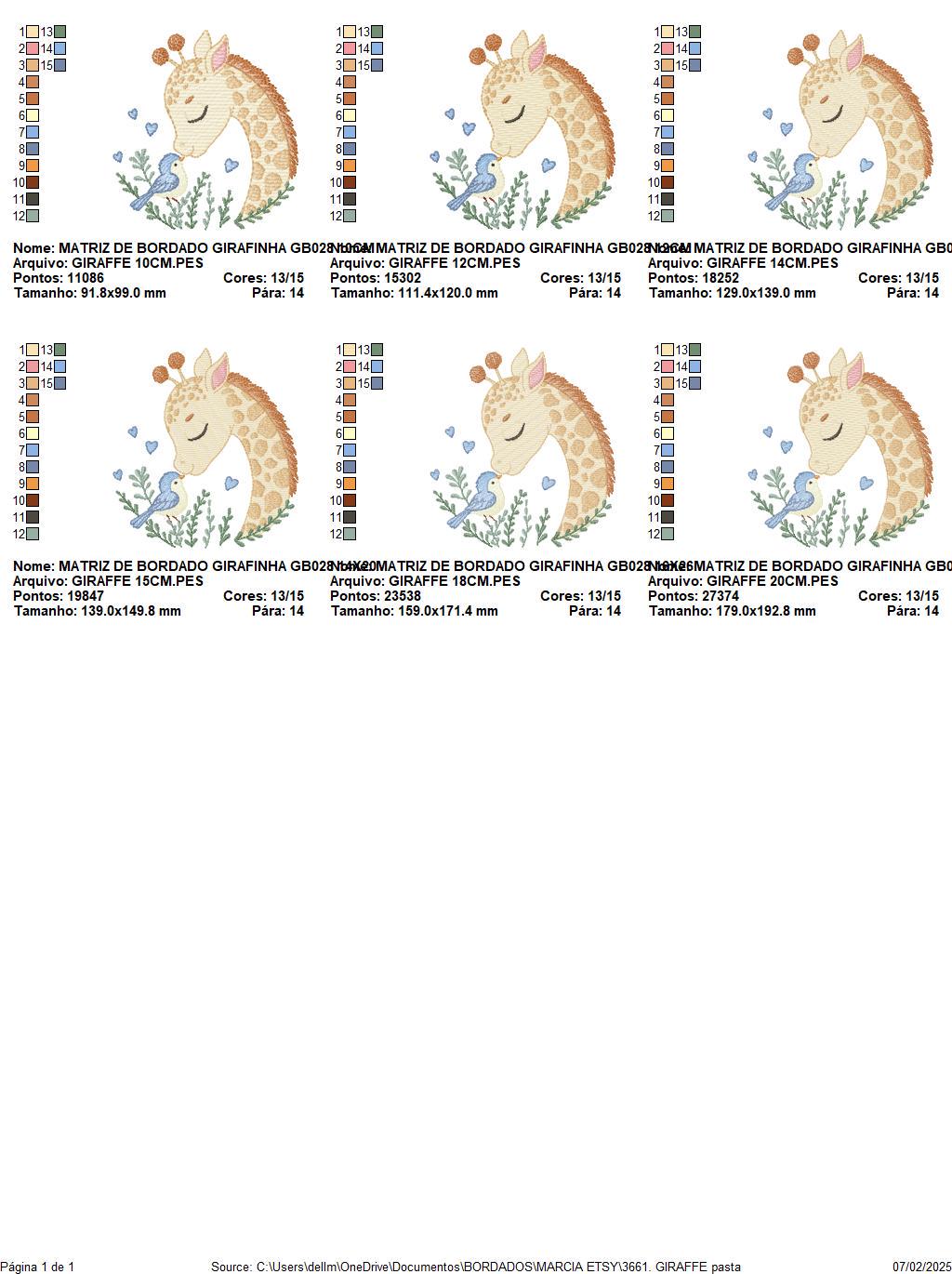 Giraffe embroidery design - Safari wild Animal machine embroidery pattern - Baby boy file - Giraffe with bird and hearts - Instant download