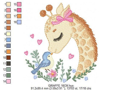Giraffe embroidery design - Safari wild Animal machine embroidery pattern - Baby girl file - Giraffe with bird and hearts - Instant download
