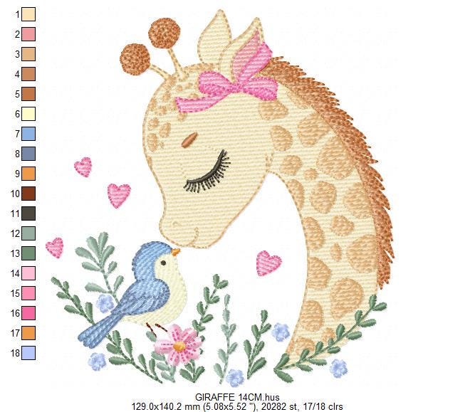 Giraffe embroidery design - Safari wild Animal machine embroidery pattern - Baby girl file - Giraffe with bird and hearts - Instant download