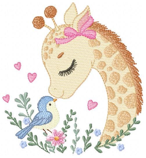 Giraffe embroidery design - Safari wild Animal machine embroidery pattern - Baby girl file - Giraffe with bird and hearts - Instant download