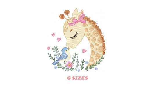 Giraffe embroidery design - Safari wild Animal machine embroidery pattern - Baby girl file - Giraffe with bird and hearts - Instant download